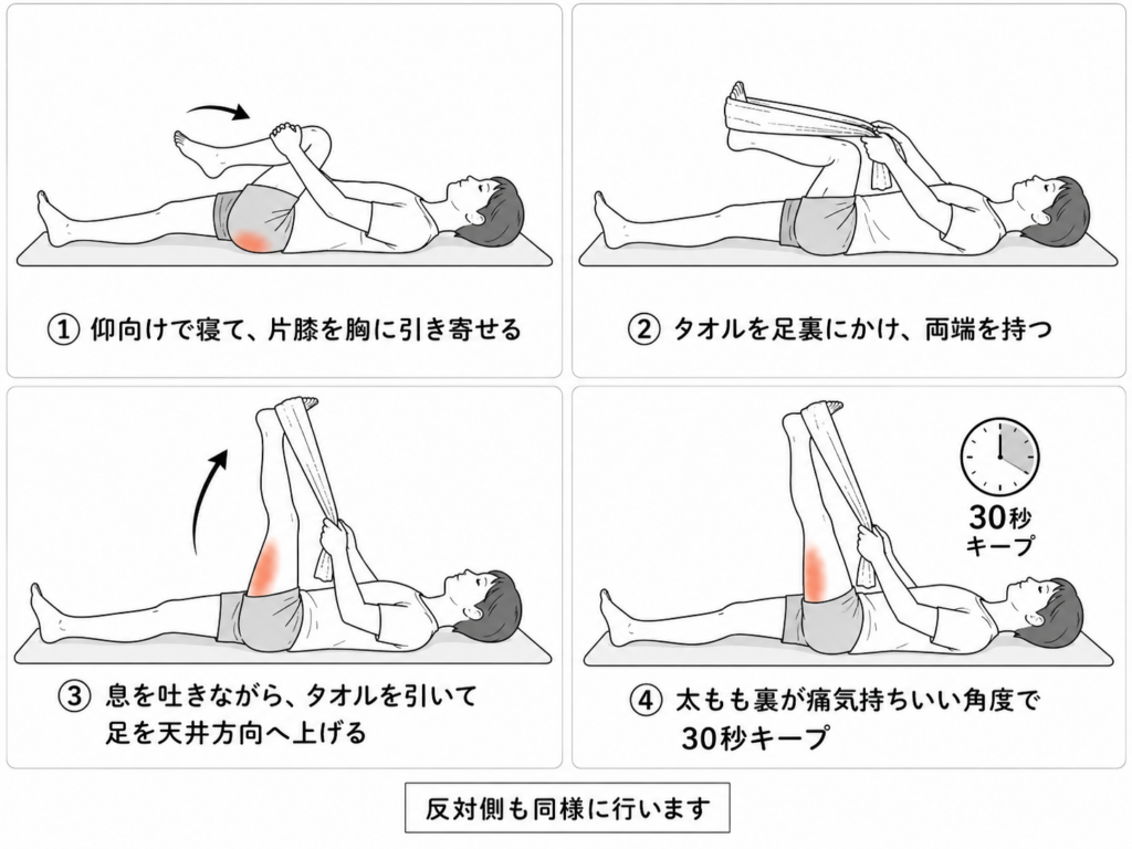 寝ながら　太もも裏とお尻のストレッチ